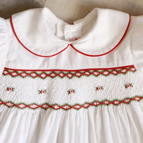 Girl's White Corduroy Smocked Dress Red and Green Embroidery Boutique 6 Months - Picture 2 of 5